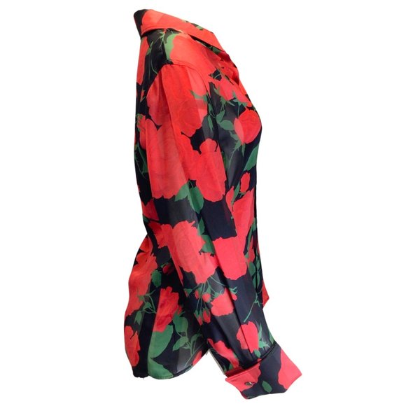 SAINT LAURENT BLACK / RED / GREEN 2022 FLORAL ROSE PRINT BUTTON-DOWN SILK SHIRT - Picture 2 of 5